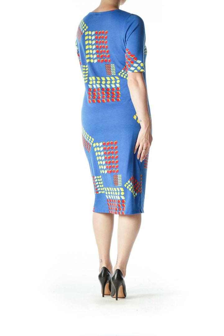 Blue and Yellow Patterned Midi T-Shirt Dress