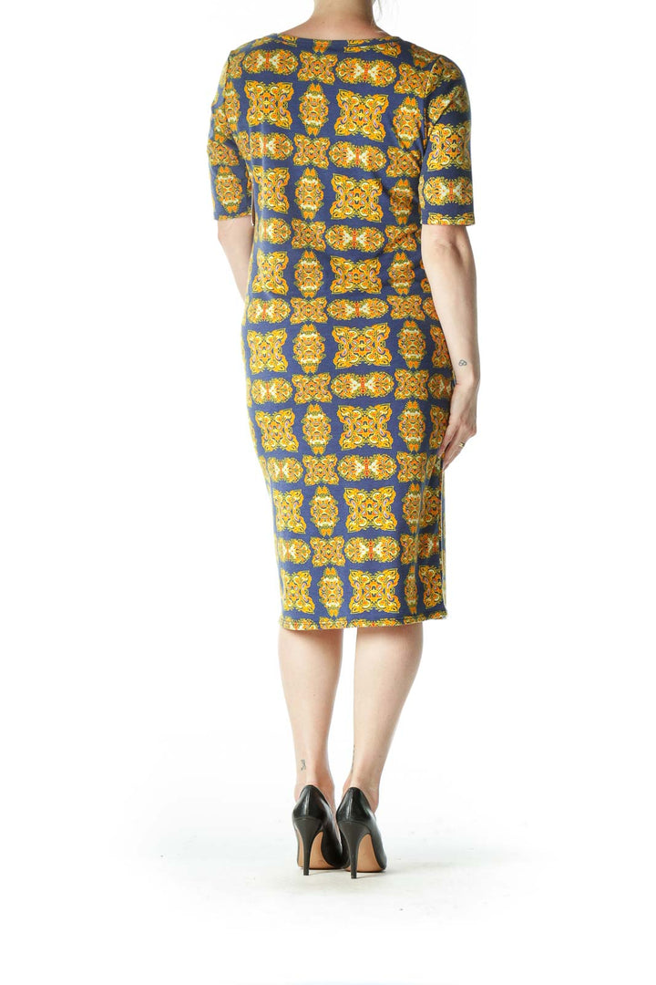 Blue and Yellow Printed Midi T-Shirt Dress