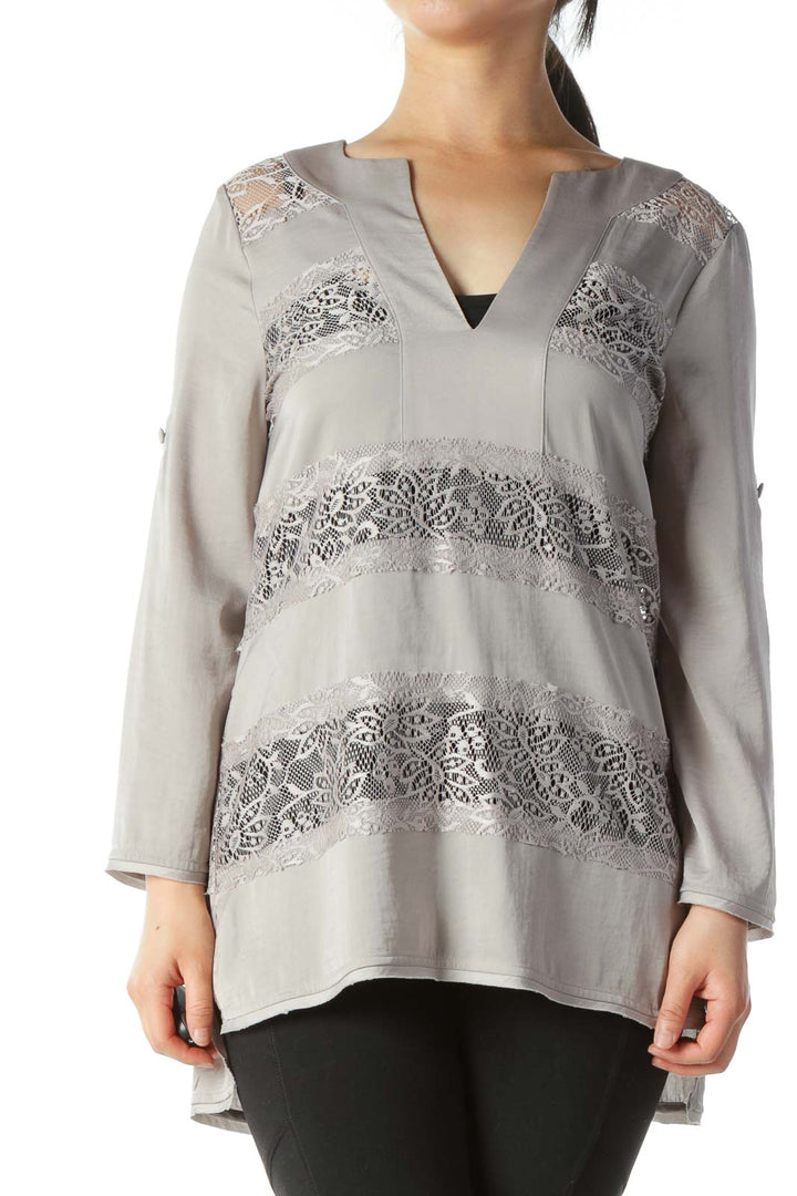 Gray V-Neck Lace See-Trough Accents Blouse