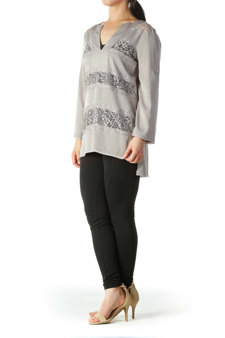 Gray V-Neck Lace See-Trough Accents Blouse