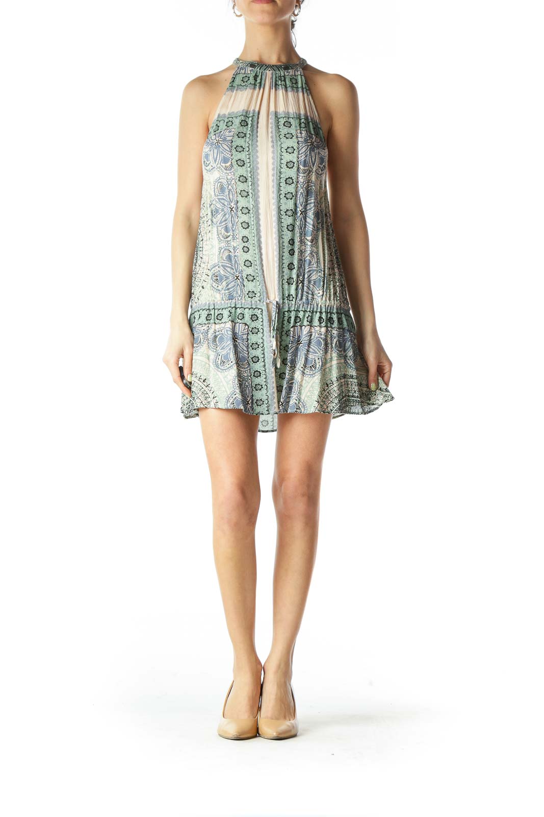 Front view of Free People green floral halter mini dress with paisley print