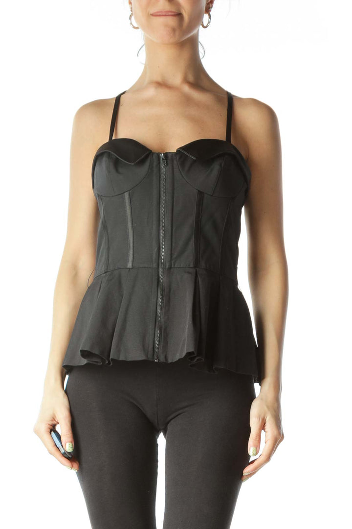 Black Sweetheart Neckline Zipper Detail Top