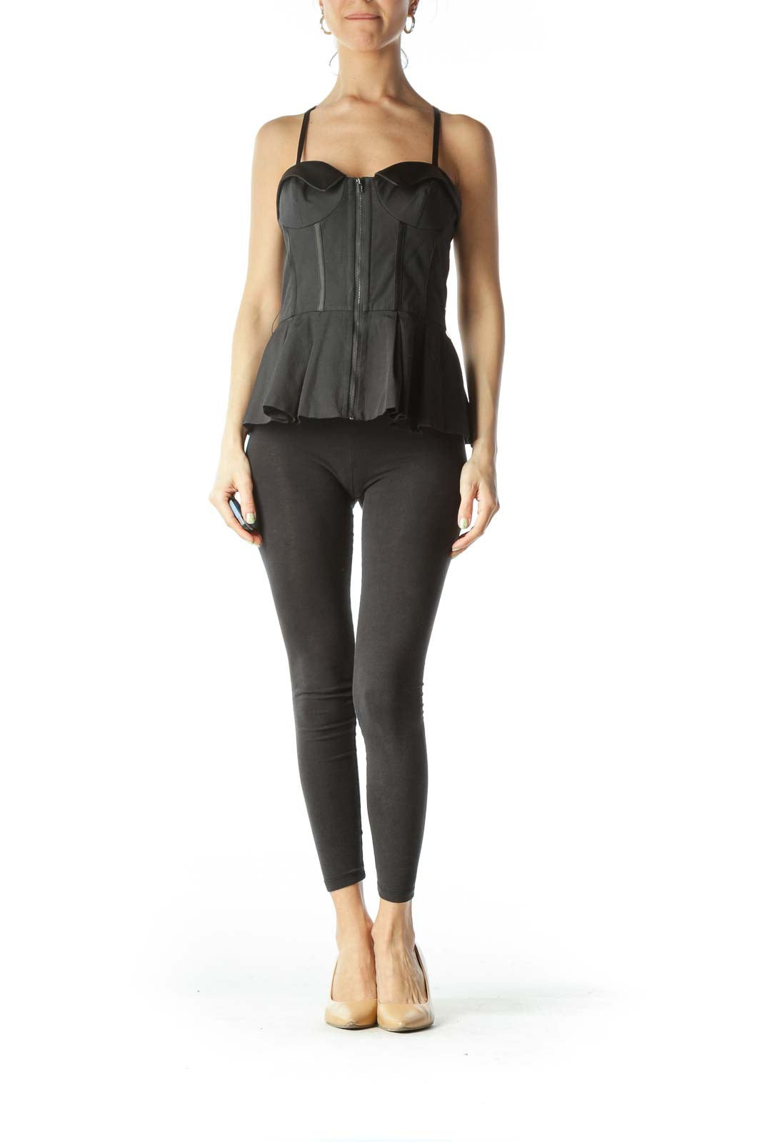 Black Sweetheart Neckline Zipper Detail Top