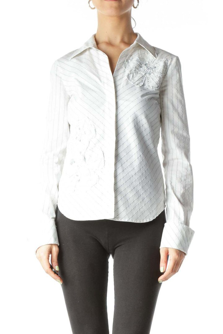 Cream Black Stitching Floral Textured Shirt