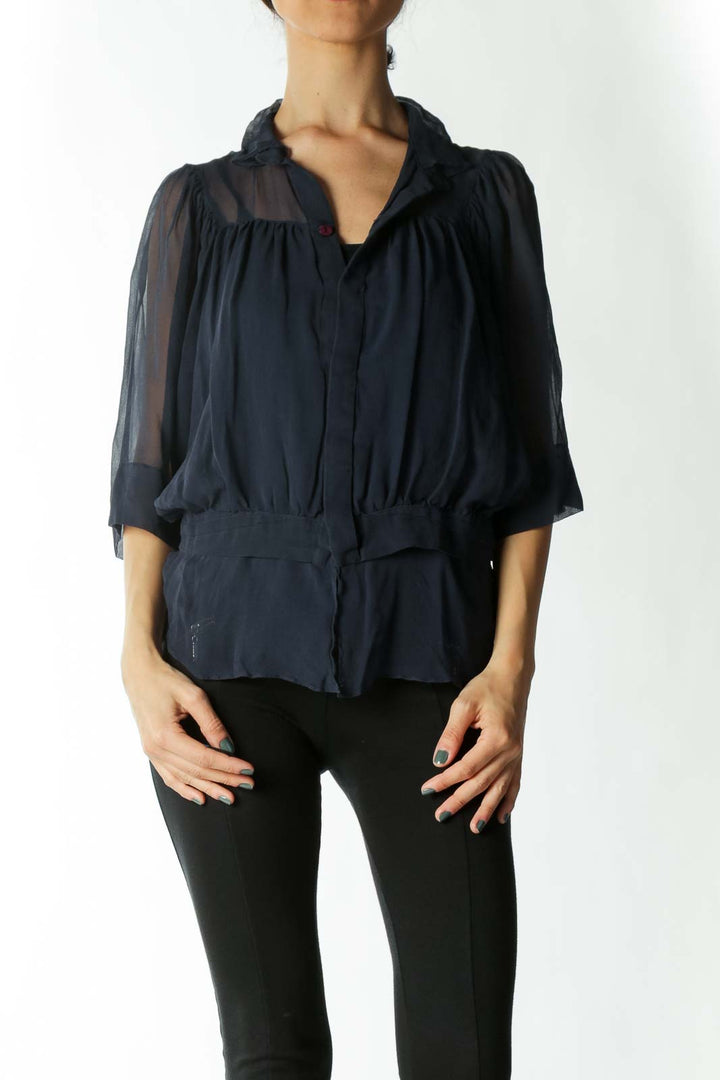 Navy Blue 100% Silk See-Through Flared Blouse