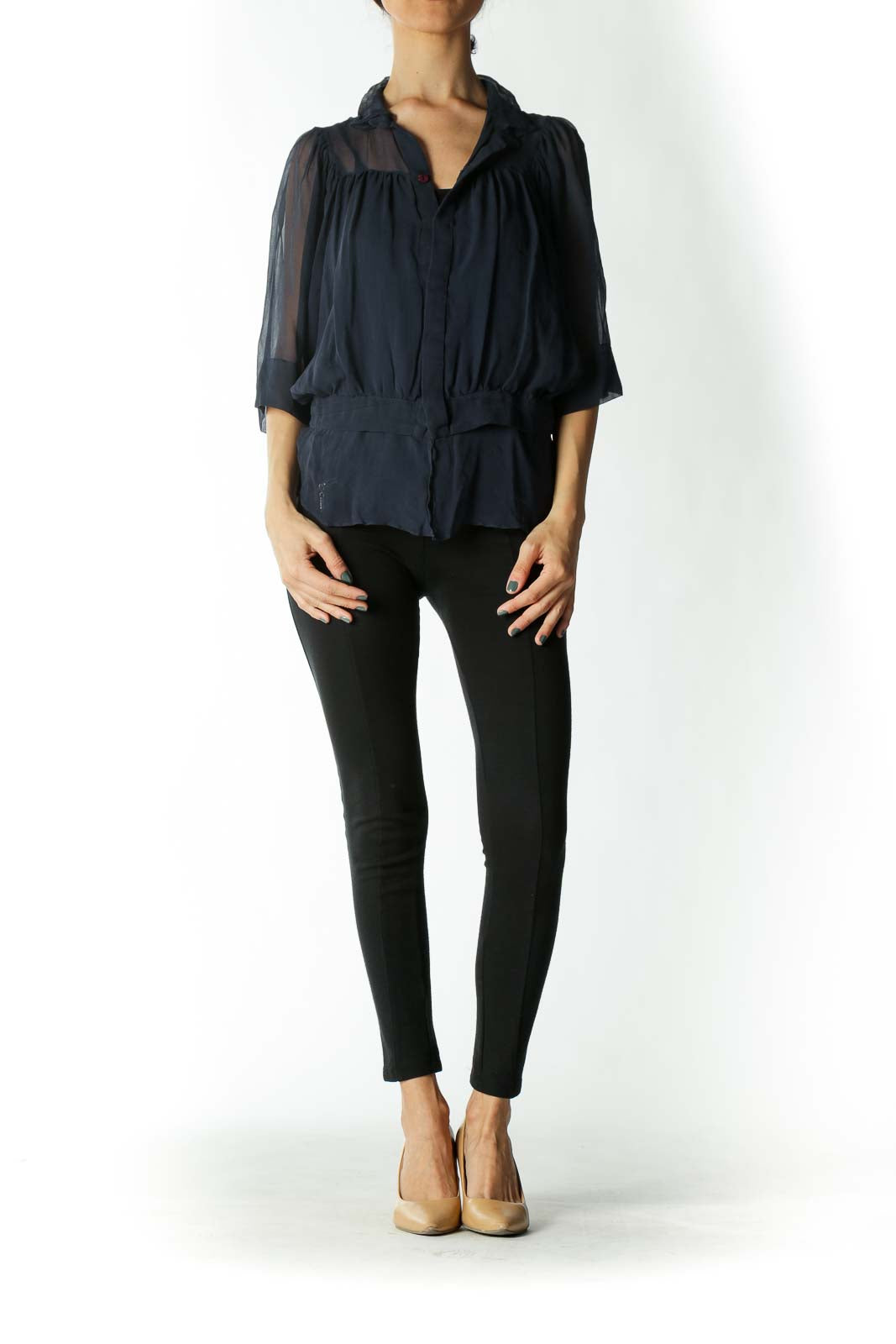 Navy Blue 100% Silk See-Through Flared Blouse