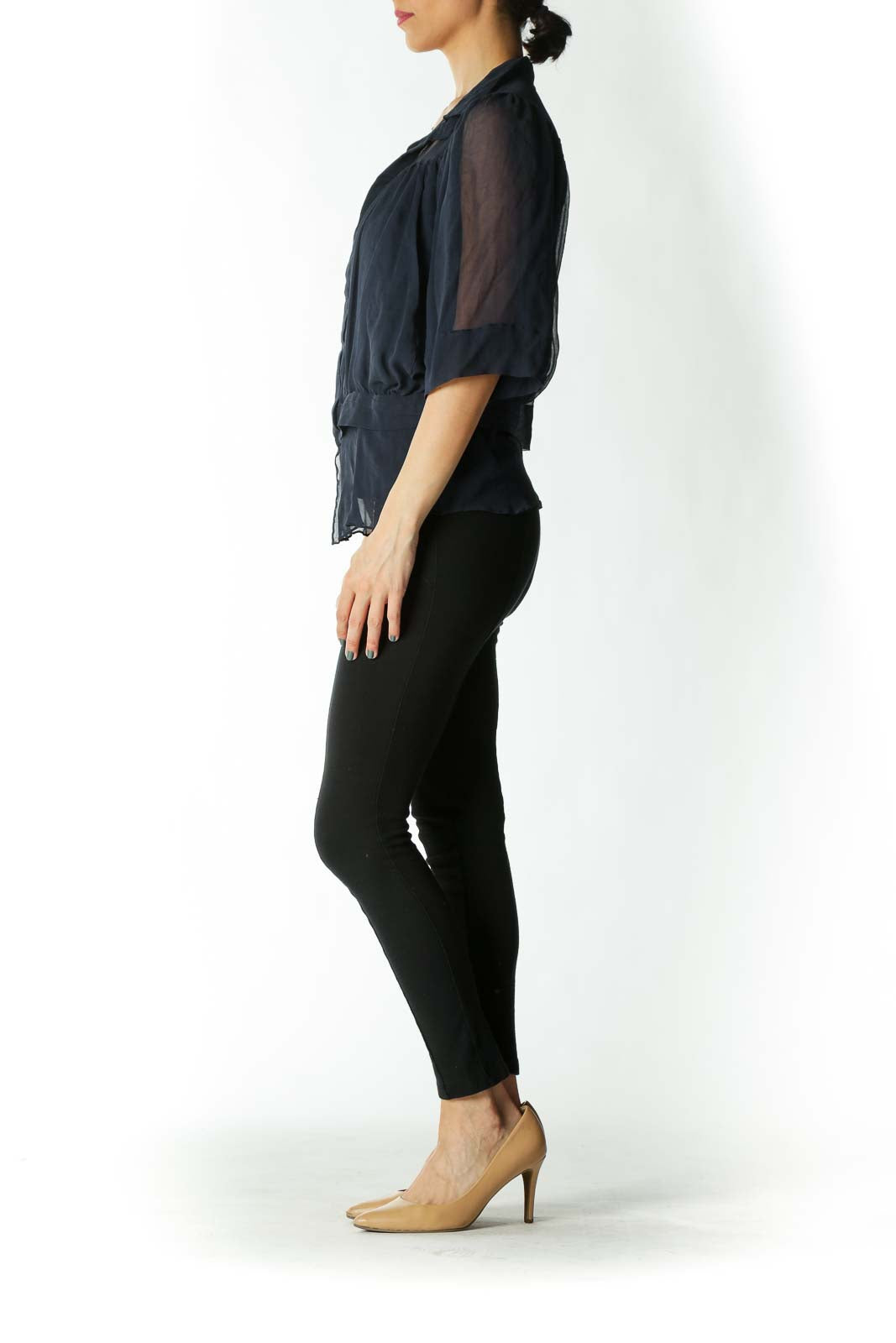 Navy Blue 100% Silk See-Through Flared Blouse