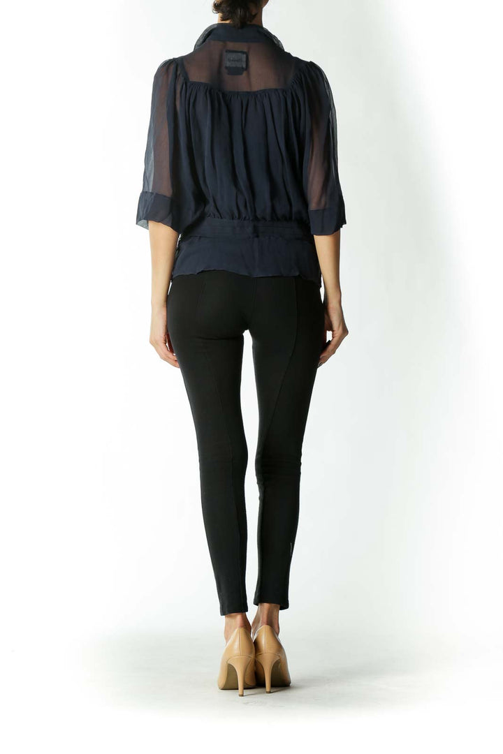 Navy Blue 100% Silk See-Through Flared Blouse