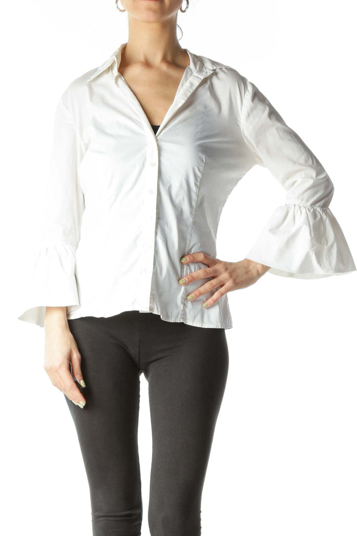 Cream V-Neck Bell-Shaped Sleeves Fitted Shirt