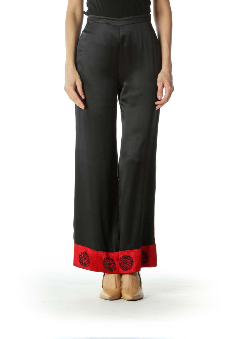 Black Red Jacquard Ankle Accents Light Silk Pants