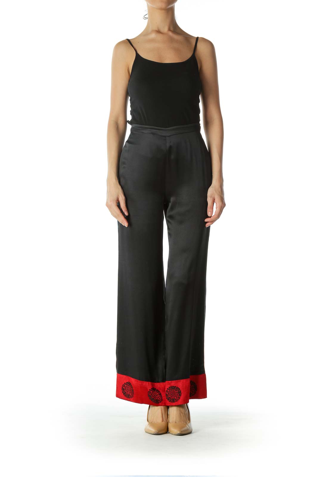 Black Red Jacquard Ankle Accents Light Silk Pants