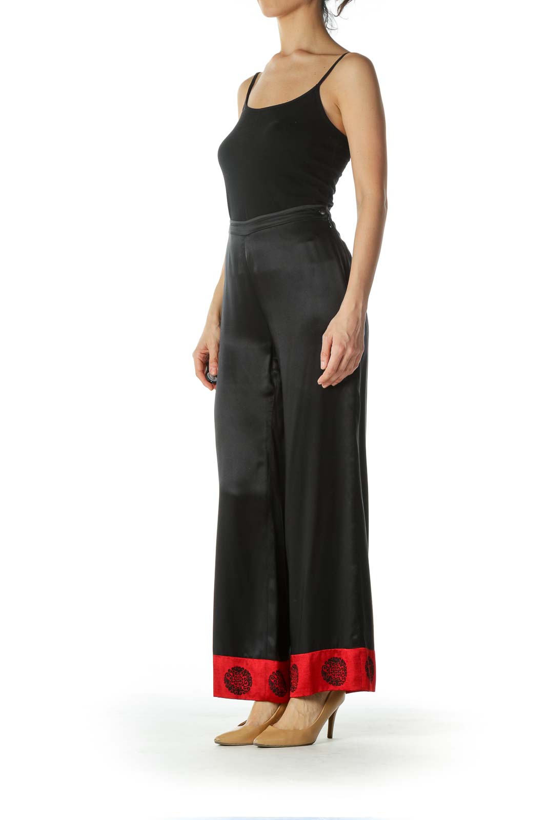 Black Red Jacquard Ankle Accents Light Silk Pants