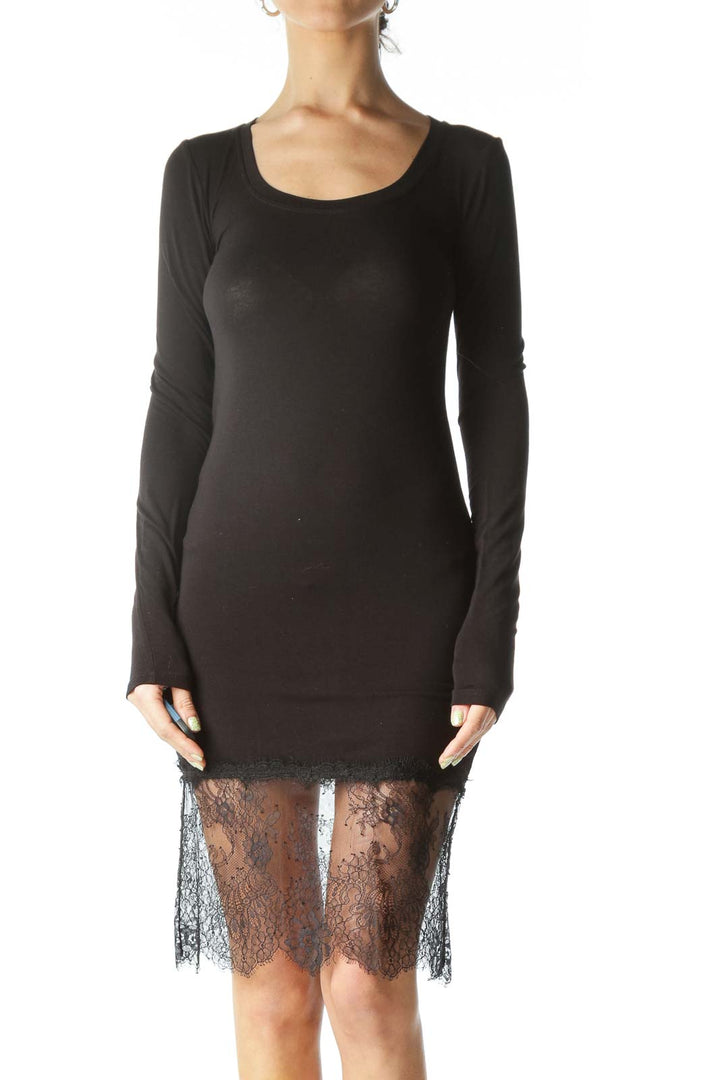 Black Stretch Long Sleeve Lace Detail Dress