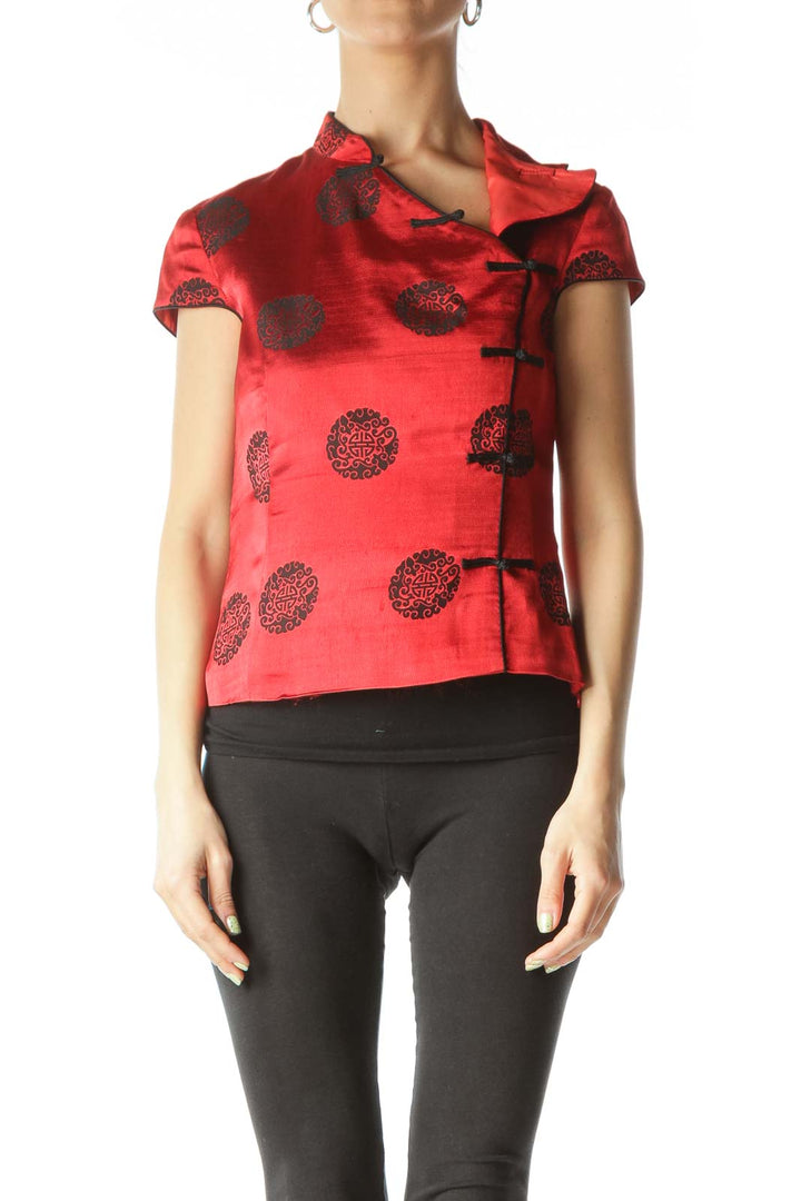 Red Black Shiny Silk Jacquard Knit Qipao Top