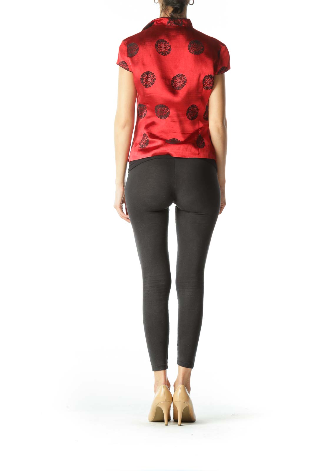 Red Black Shiny Silk Jacquard Knit Qipao Top