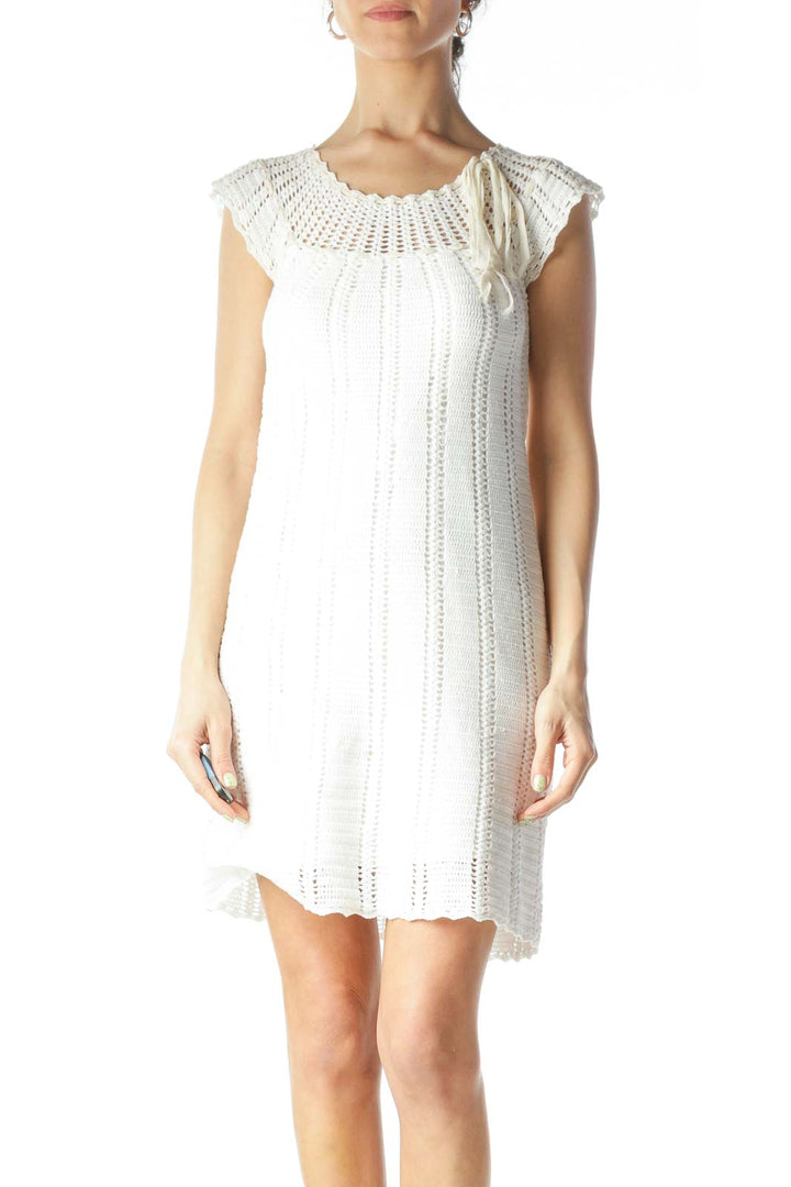 Cream Round Neck Crocheted Body Knit Dress