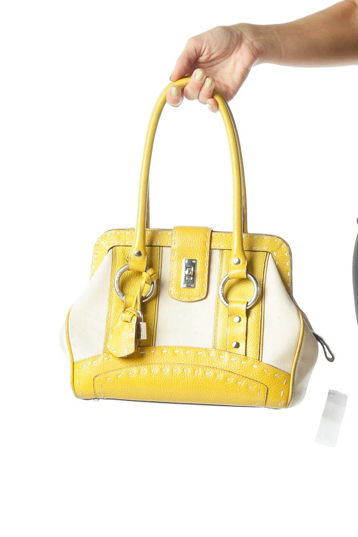 Yellow Beige Textured Satchel with Handles