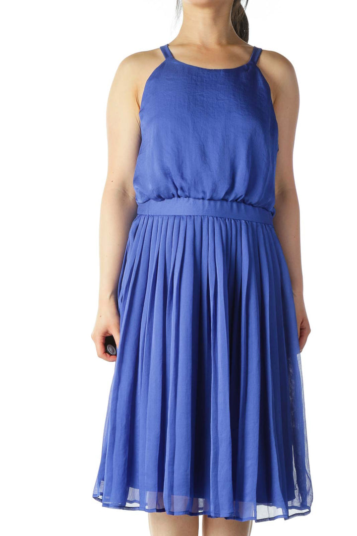 Electric Blue Pleated Textured A-Line Dress