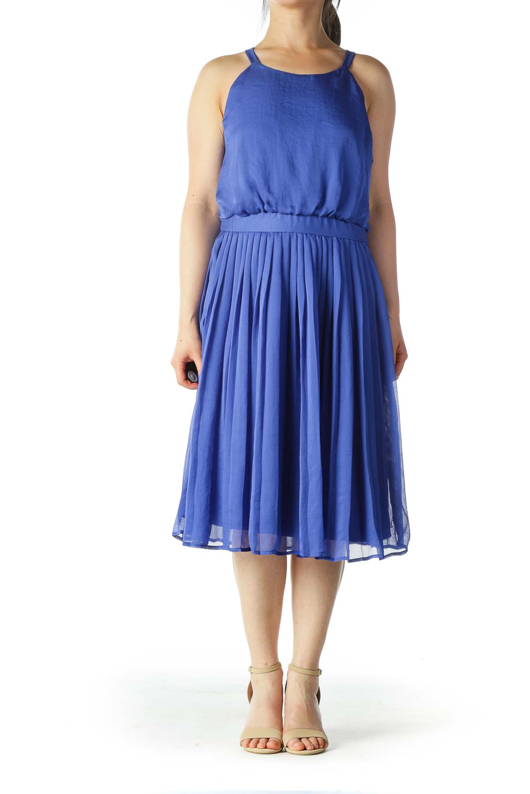 Electric Blue Pleated Textured A-Line Dress