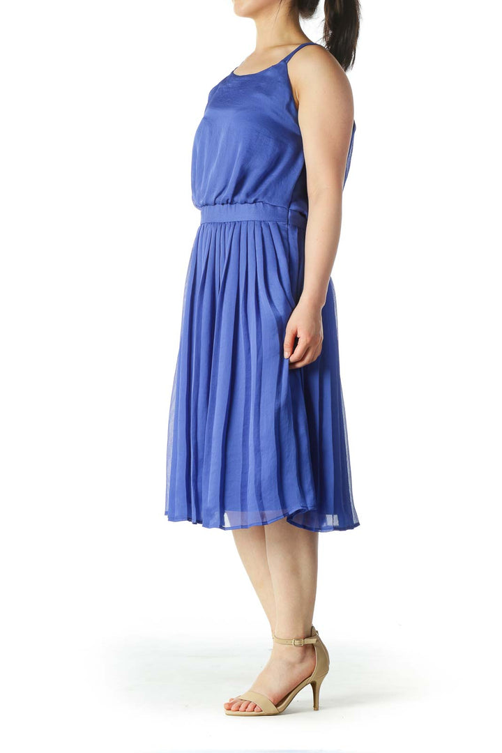 Electric Blue Pleated Textured A-Line Dress