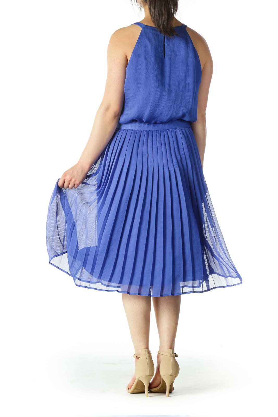 Electric Blue Pleated Textured A-Line Dress