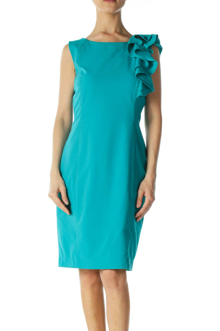 Teal Blue Front Ruffle Accent Work Dress