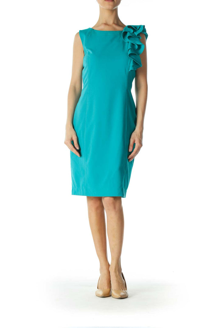 Teal Blue Front Ruffle Accent Work Dress