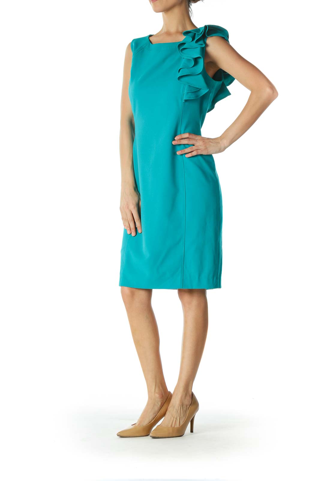 Teal Blue Front Ruffle Accent Work Dress