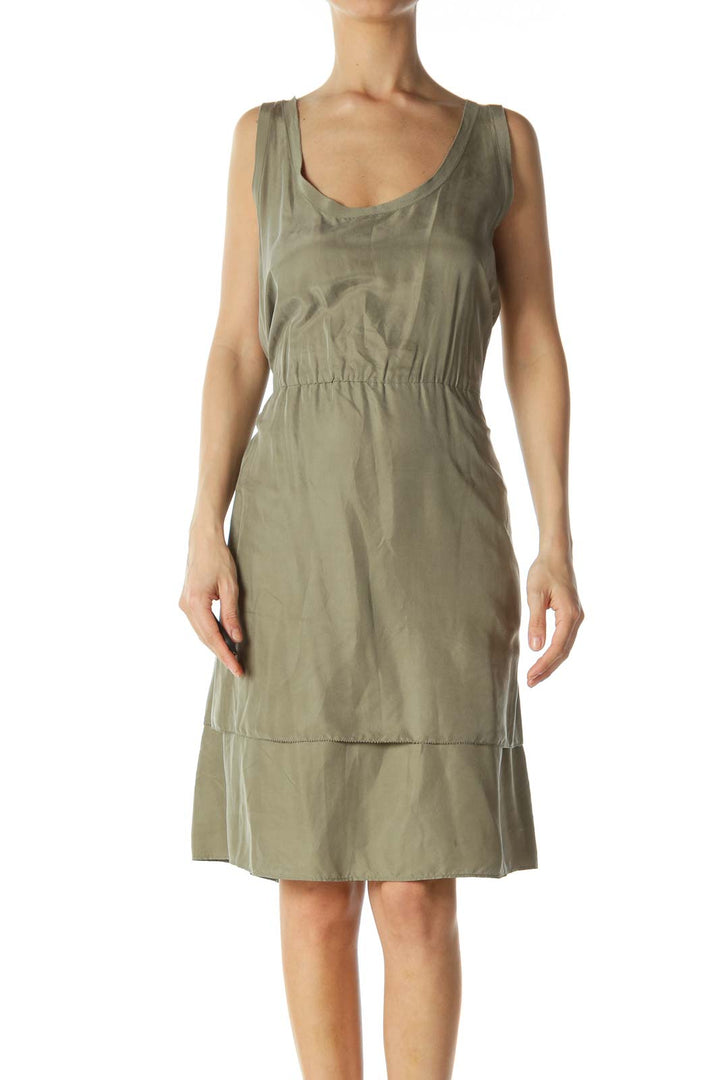 Olive Green Scrunched Waistline Light Flared Dress