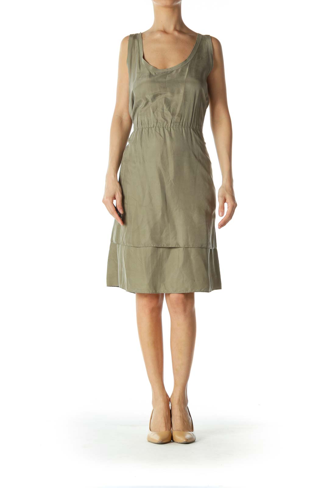 Olive Green Scrunched Waistline Light Flared Dress