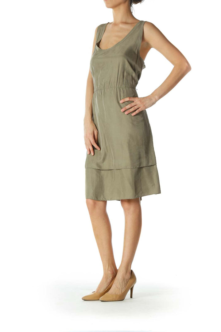 Olive Green Scrunched Waistline Light Flared Dress