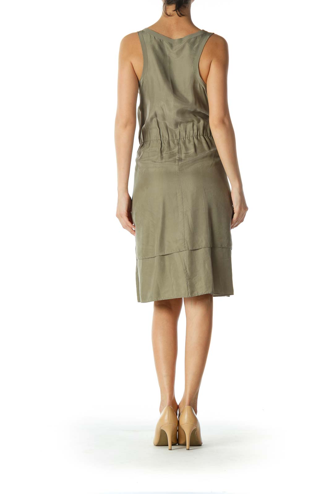 Olive Green Scrunched Waistline Light Flared Dress