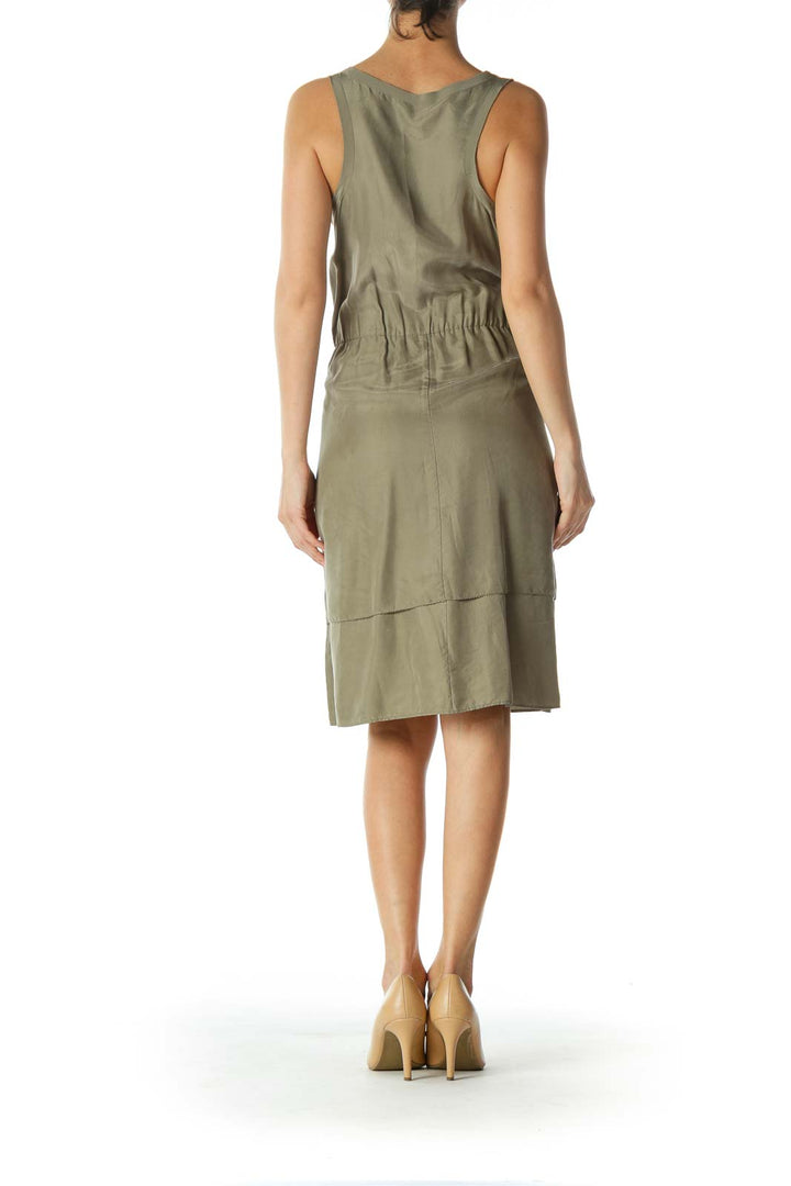 Olive Green Scrunched Waistline Light Flared Dress