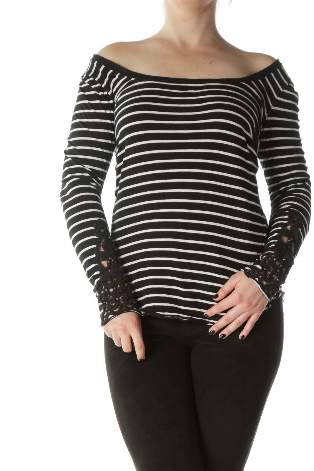 Front view of Free People Black and White Striped Off-Shoulder Top with lace cuffs