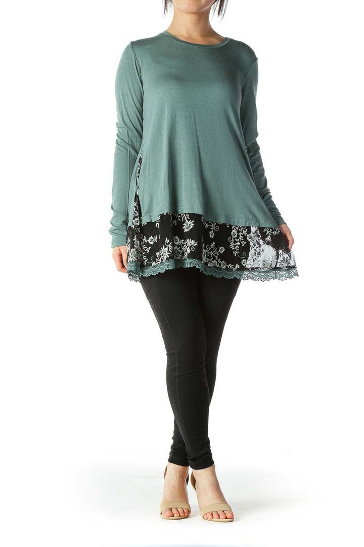 Turquoise Floral Embroidered Long Sleeve Top