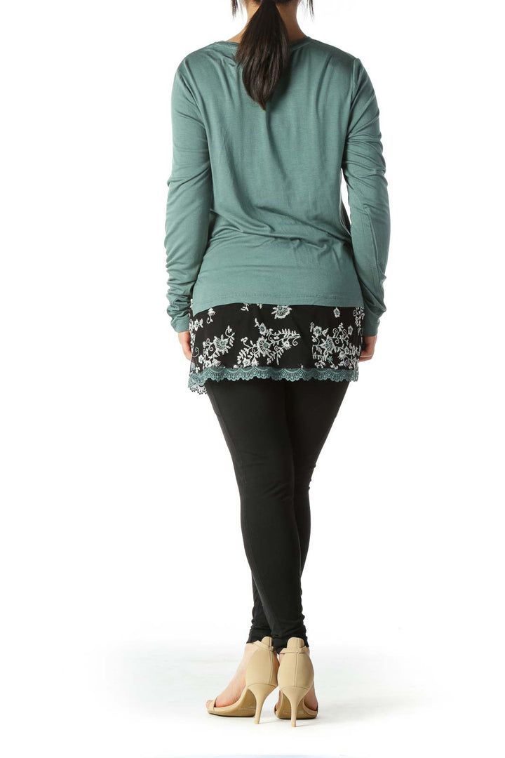 Turquoise Floral Embroidered Long Sleeve Top