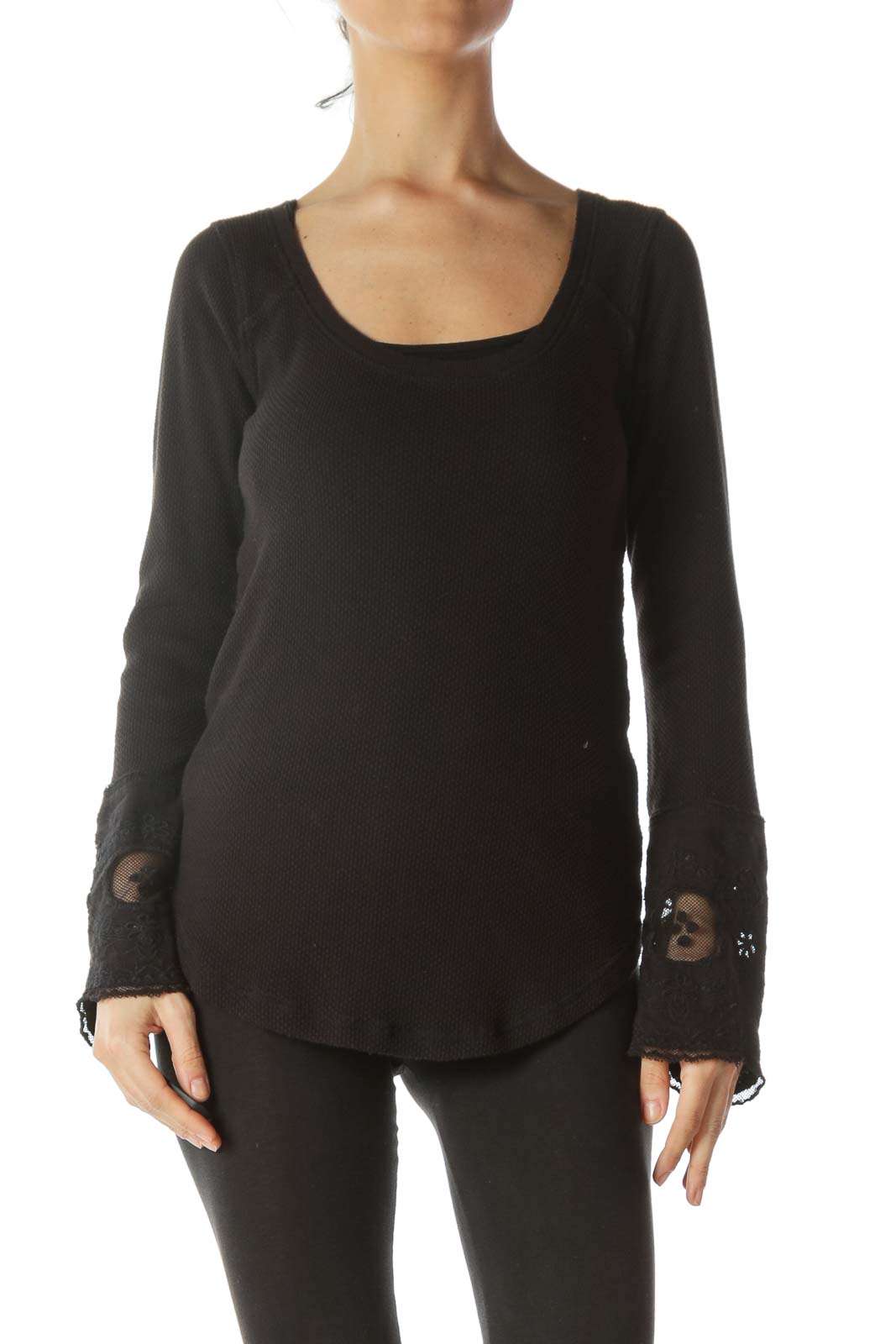 Front view of black Free People long sleeve top with scoop neckline