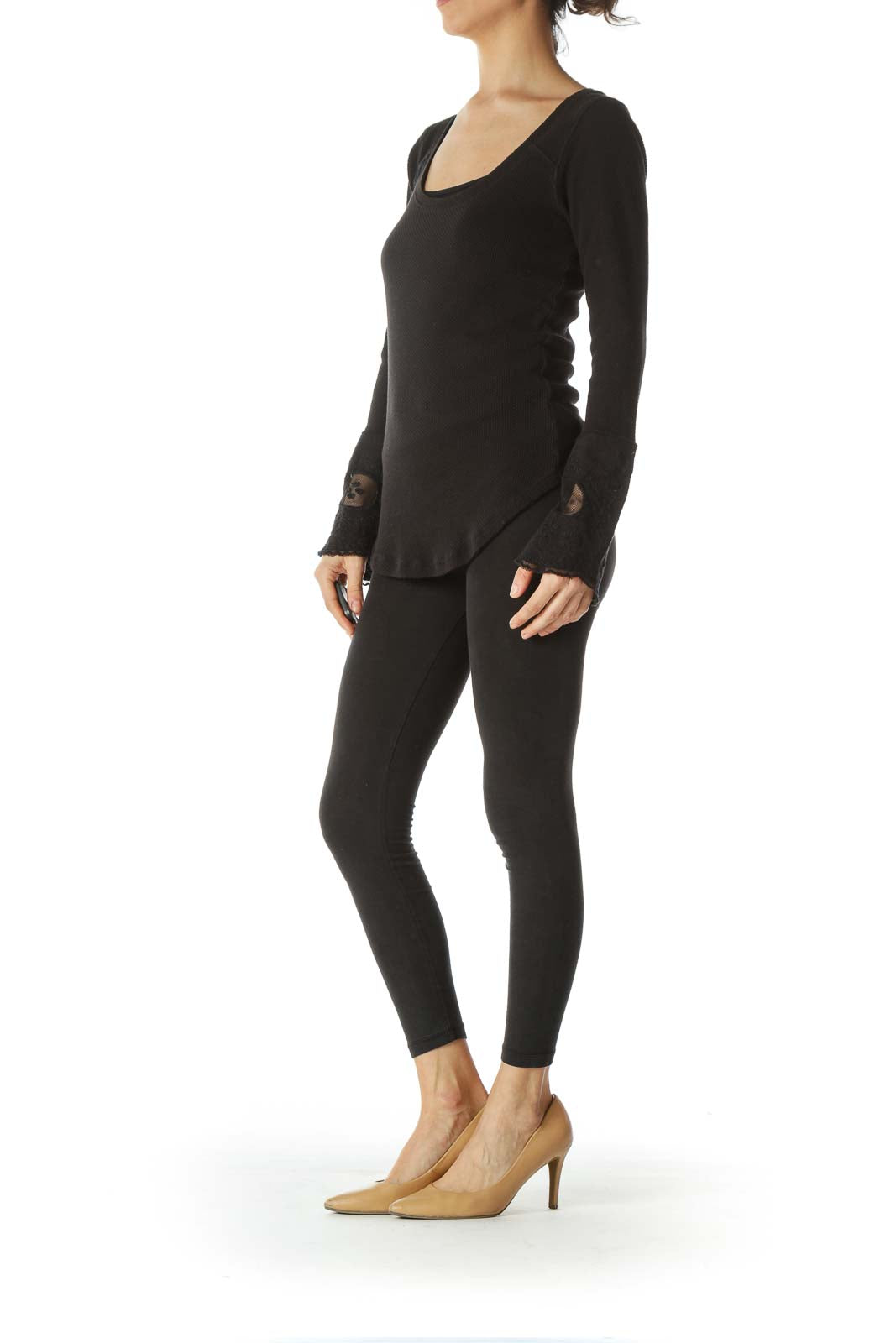 Front view of black Free People long sleeve top with scoop neckline