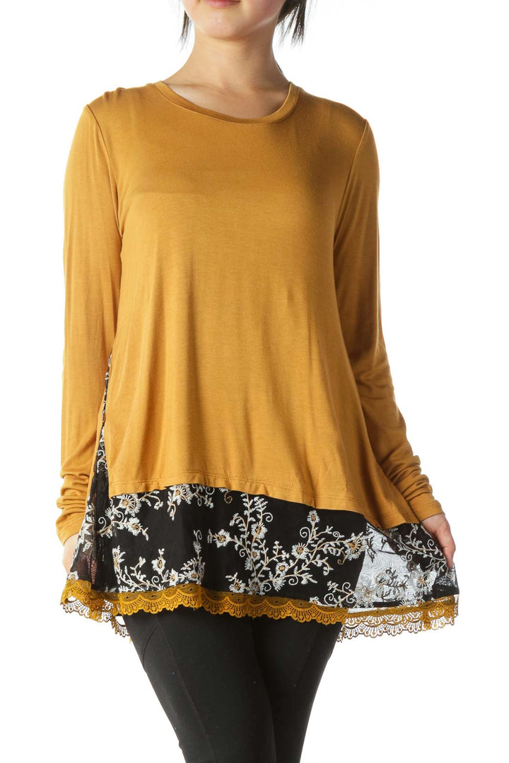 Mustard Black Mixed Media Floral Embroidery Top