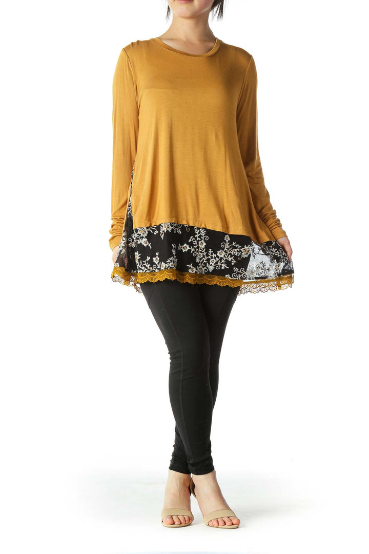 Mustard Black Mixed Media Floral Embroidery Top