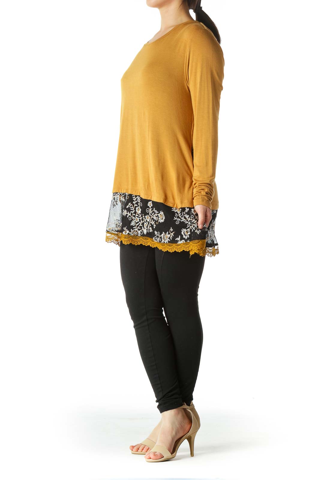 Mustard Black Mixed Media Floral Embroidery Top