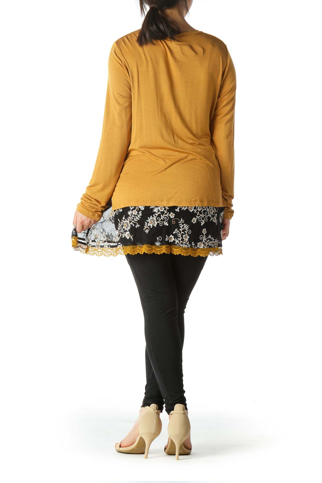 Mustard Black Mixed Media Floral Embroidery Top