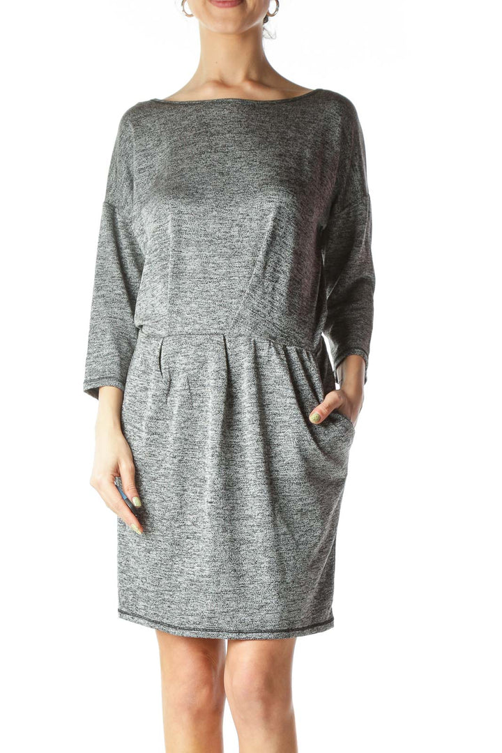 Gray Textured Stretch Pocketed Work Dress