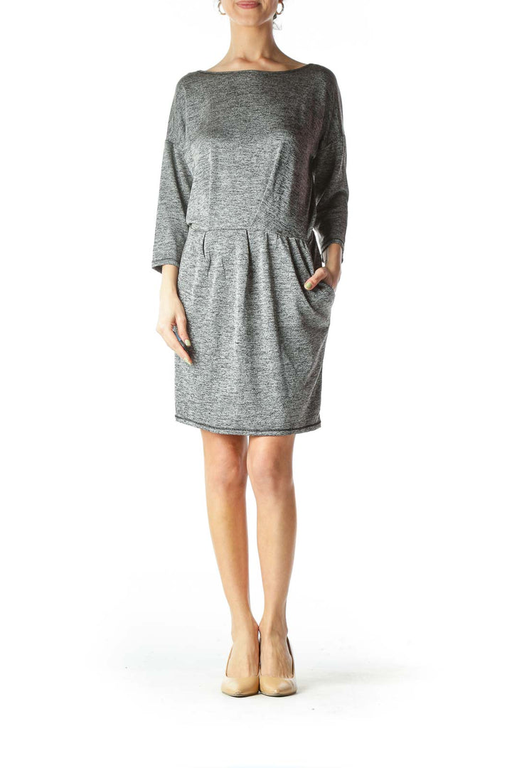 Gray Textured Stretch Pocketed Work Dress