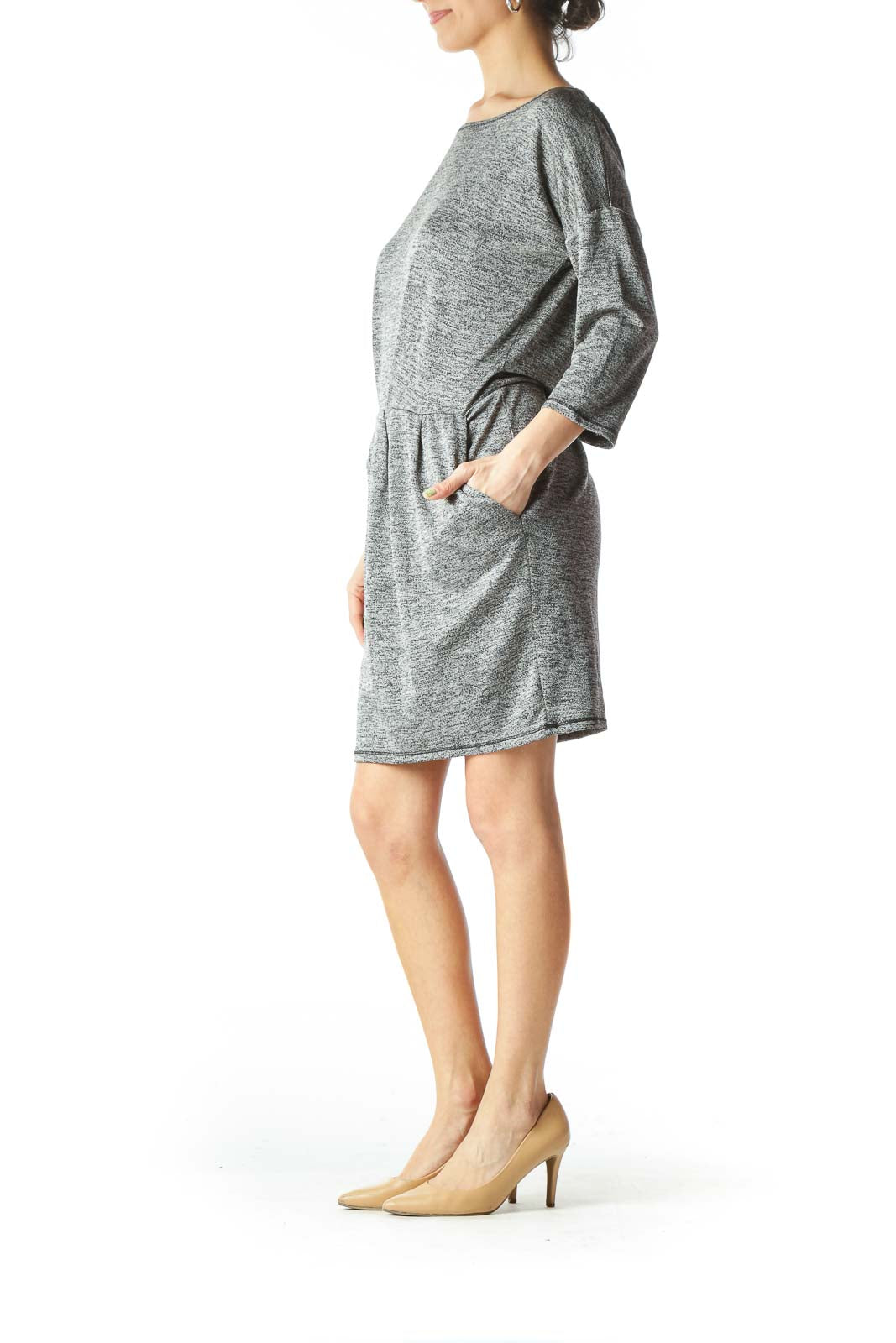 Gray Textured Stretch Pocketed Work Dress