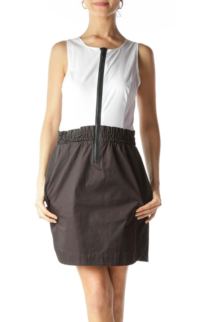 White Black Zipper Accent Pocketed Day Dress