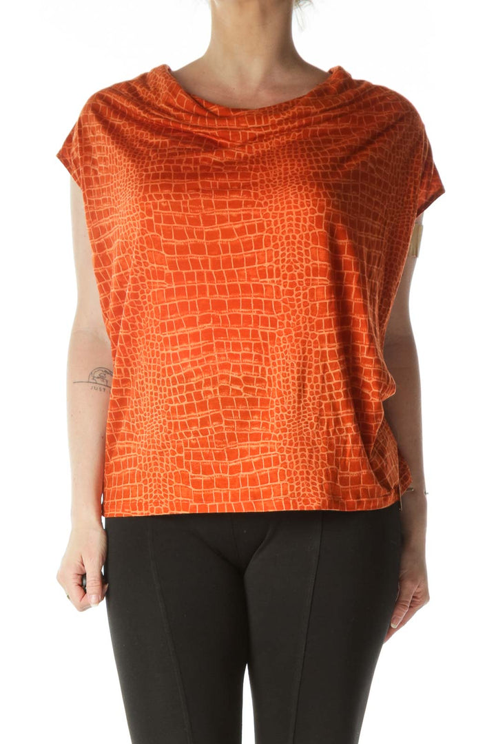 Orange Crocodile Print Cowl Neck Top