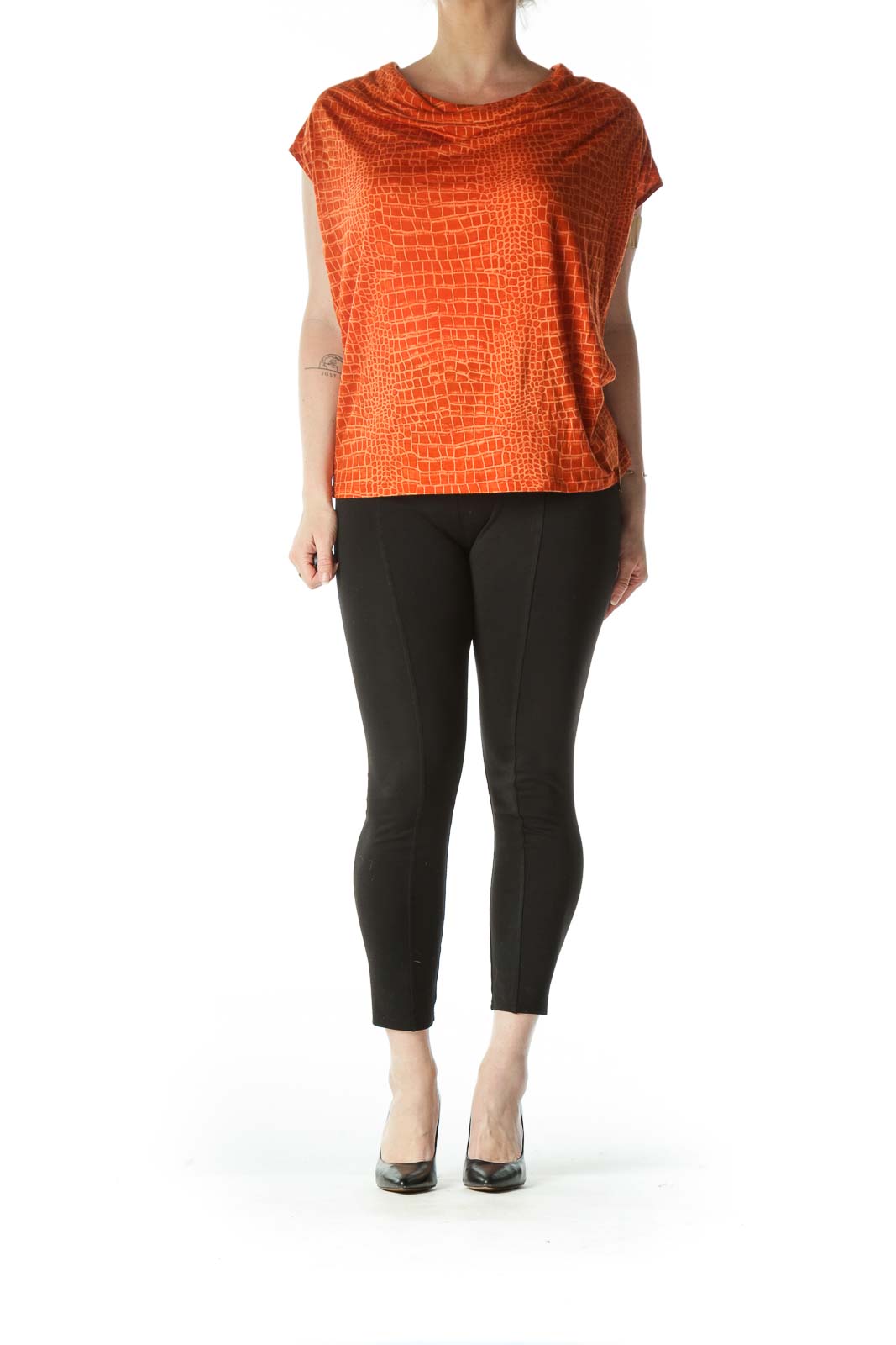 Orange Crocodile Print Cowl Neck Top