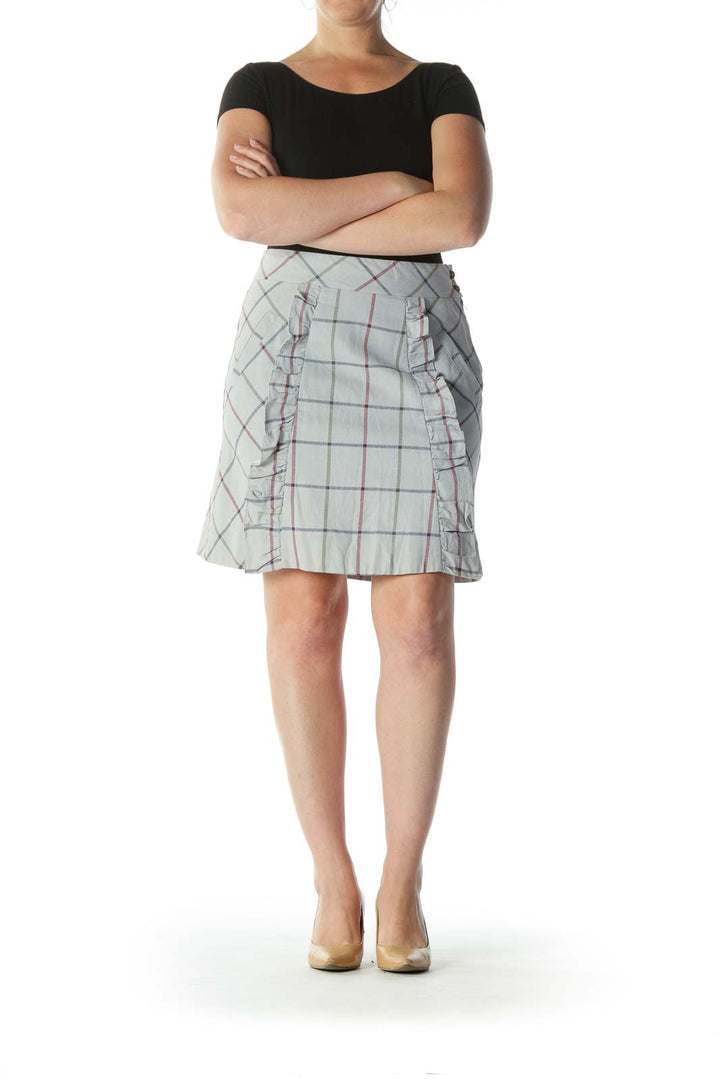 Gray Multicolor Plaid Ruffled A-Line Skirt