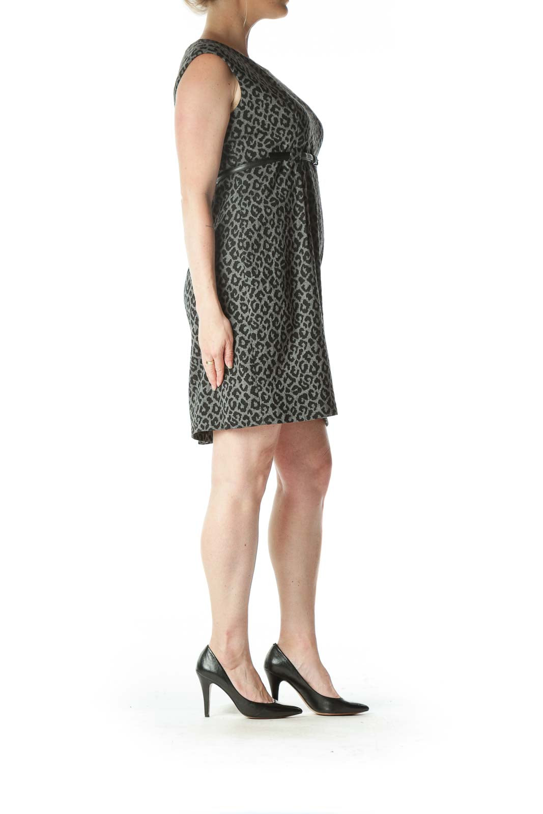 Gray Black Leopard Print Textured Belted Work Dress